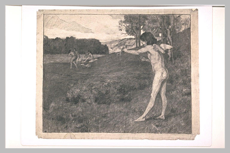 Dans un paysage, l'Amour décochant une flèche sur deux couples nus