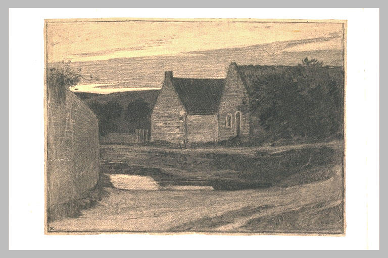 Fermes au bord d'une mare, le soir
