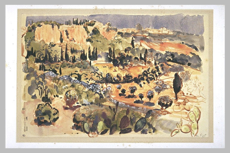 Paysage accidenté, planté de cyprès, aux environs de Fiesole en Toscane