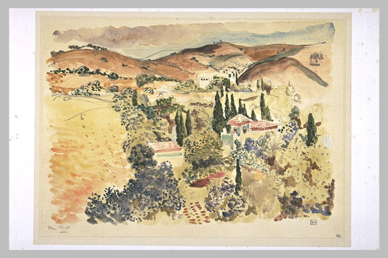 Paysage du midi, à l'horizon des collines, maisons aux toits de tuiles...