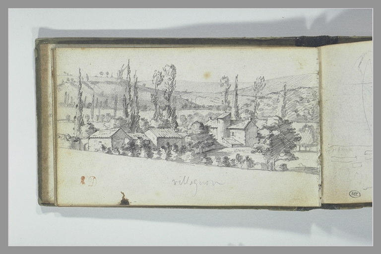 Un village avec des peupliers, bordé de collines