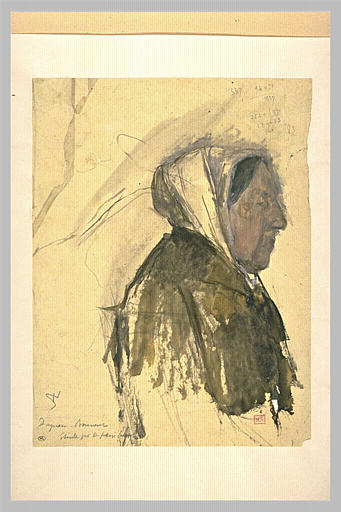 Vieille femme à mi-corps, de profil à droite, coiffée d'une étoffe blanche