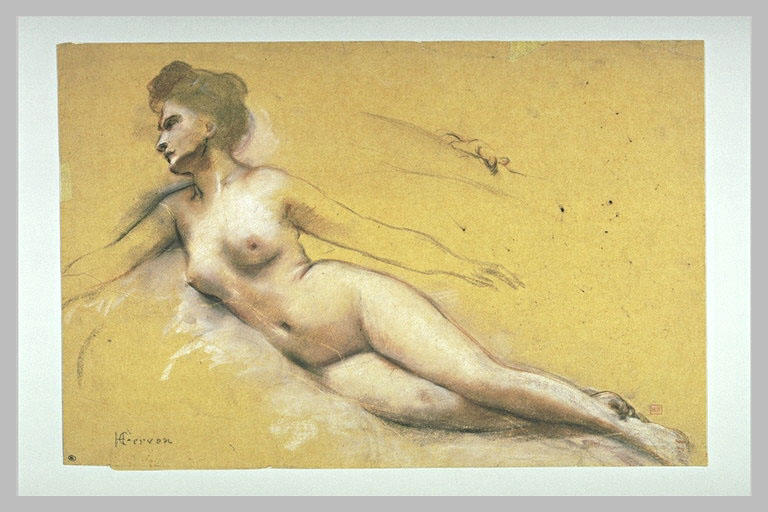 Femme allongée, les jambes croisées et les bras écartés du corps ; reprise