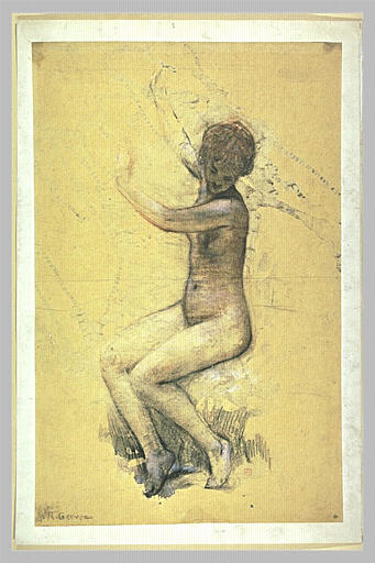 Femme nue, assise, la tête baissée, les bras rejetés en arrière