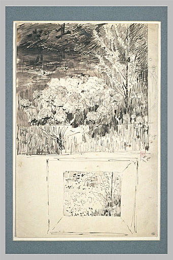 Massif de fleurs, arbrisseaux, et croquis d'un tableau avec son cadre