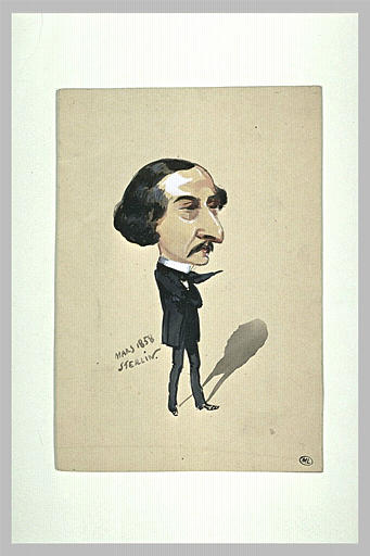 Portrait-charge : Lagrange debout, en noir, tourné de trois quarts à droite