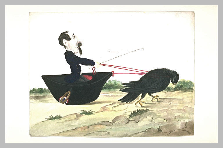 Caricature : Napoléon III assis dans un gigantesque chapeau