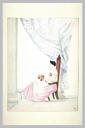 Caricature : femme assise de profil vers la gauche