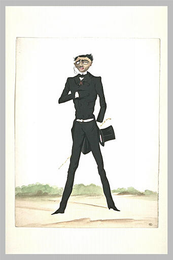 Homme en frac debout, de face, tenant un chapeau et une canne dans la main