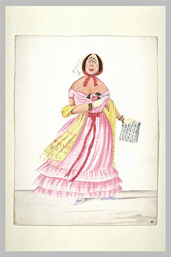 Femme âgée debout vêtu d'un habit rose, tenant une partition