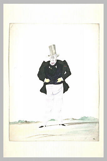 Vieil homme, debout, de face, les mains dans ses poches de gilet