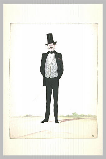 Homme grand et maigre, debout, vêtu d'un costume noir