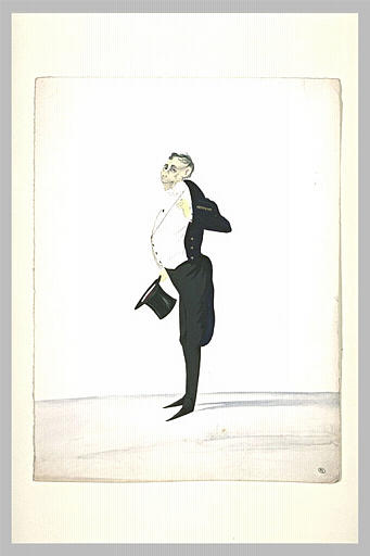 Homme debout, en habit bleu, tenant un chapeau haut-de-forme dans la main