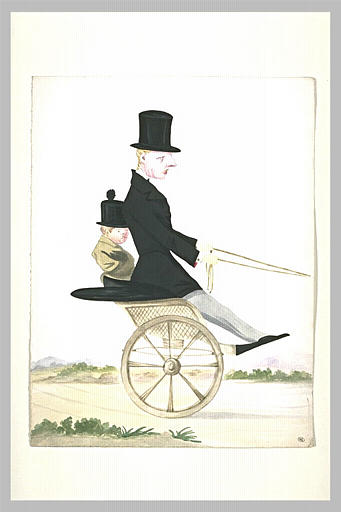 Homme vêtu d'une redingote noire, assis sur le singe d'une minuscule voiture