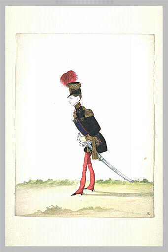 Jeune officier vêtu d'une tunique noire à épaulettes d'or, debout penché