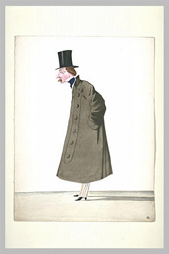 Homme debout, coiffé d'un haut-de-forme, vêtu d'un grand pardessus brun