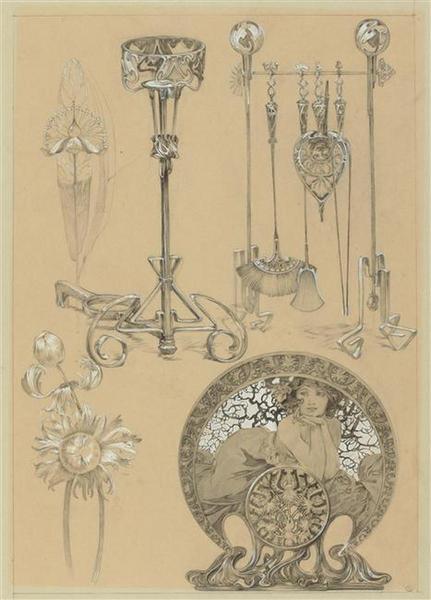 Planche pour les documents décoratifs : Instruments pour la cheminée, chenet, motifs floraux, pare-feu