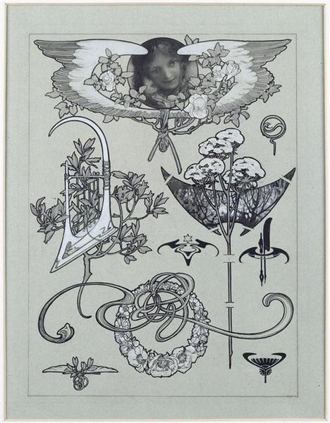 Tête féminine ceinte de deux ailes, lyre dans une branche, roses sauvages