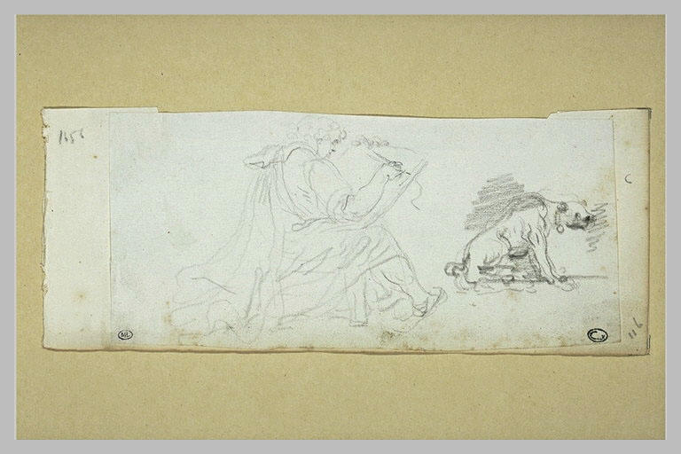Artiste assis, avec une large cape, dessinant, et un chien