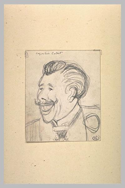 Croquis caricatural de Coquelin Cadet, en buste, de trois quarts à gauche ; Coquelin Cadet dans Le marquis de Priola (titre inscrit)