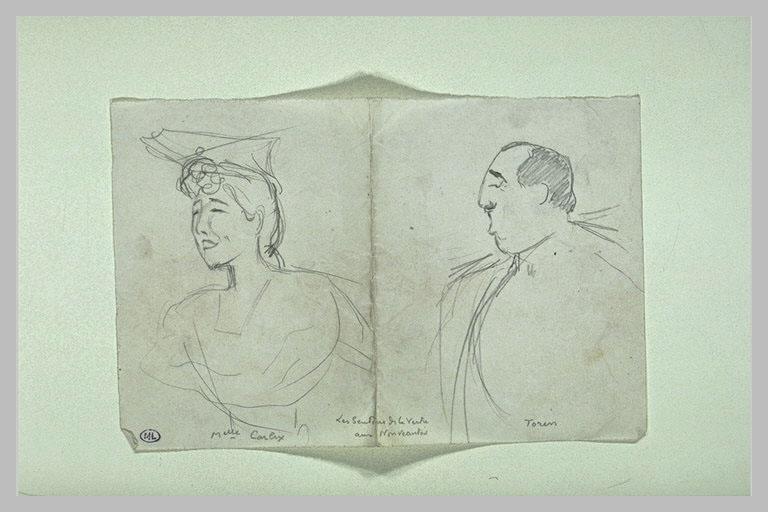 Feuille de croquis ; Melle Carlix, Les Sentiers de la Vertu aux Nouveautés - Torin (titre inscrit)