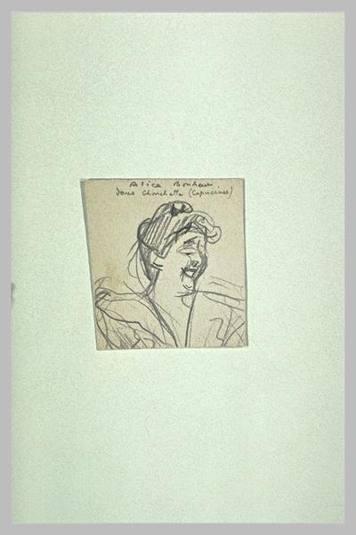 Femme en buste, de trois quarts à droite, souriant ; Alice Bonheur dans Chonchette (Capucines) (titre inscrit)