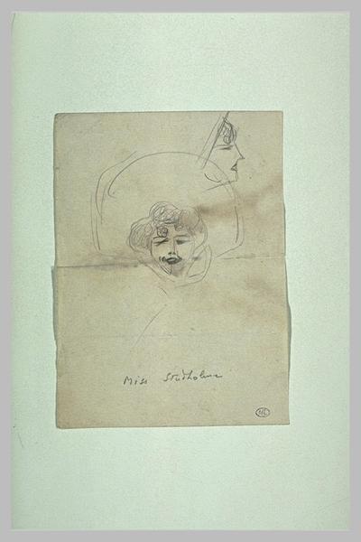 Tête de femme, de face, coiffée d'une capeline et croquis d'une tête ; Marie Studholme (autre titre)