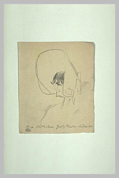 Tête de femme, de profil à gauche, coiffée d'une grande capeline ; Miss Studholme Gaiety Théâtre Londres 1904 (titre inscrit)