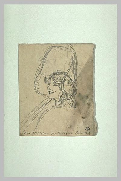 Femme vue en buste, de trois quarts à gauche, coiffé d'une grande capeline ; Miss Studholme Gaiety Theatre Londres 1904 (titre inscrit)