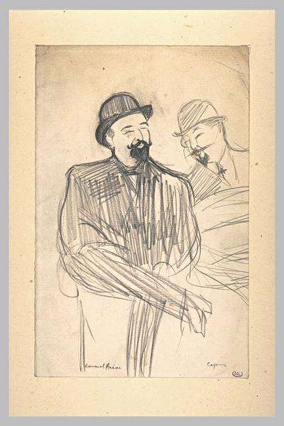 Croquis caricaturaux de Emmanuel Arène et Alfred Capus, assis
