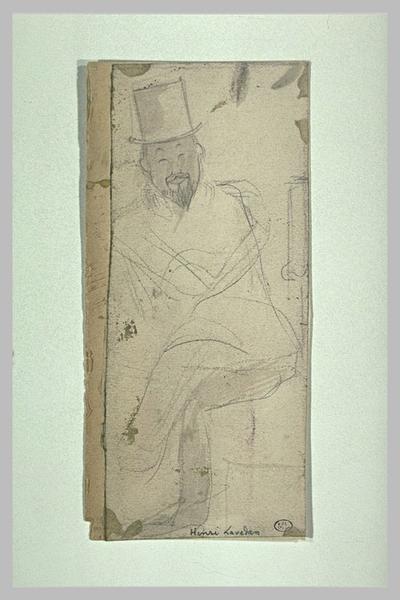 Croquis de Henri Lavedan, assis, jambes croisées, chapeau haut de forme