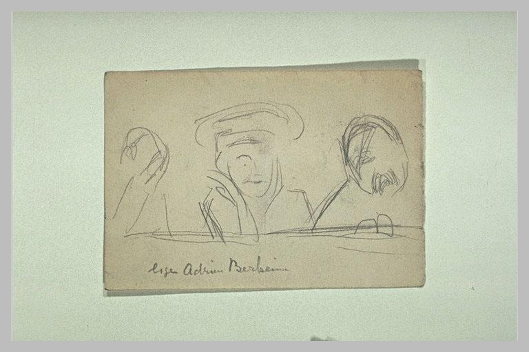 Croquis de trois personnages, dont Mme Adrien Bernheim, de face, en buste