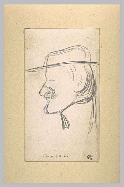 Croquis caricatural d'une tête d'homme, coiffée d'un chapeau : Caran d'Ache