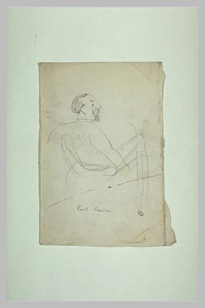 Rapide croquis de Paul Ferrier assis, de dos, de trois quarts vers la droite