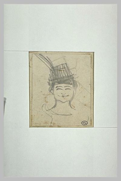 Tête de femme, de face, avec chapeau noir et plume