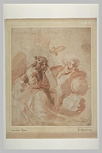 Figure allégorique féminine, ailée, couronnée de feuillages et un angelot