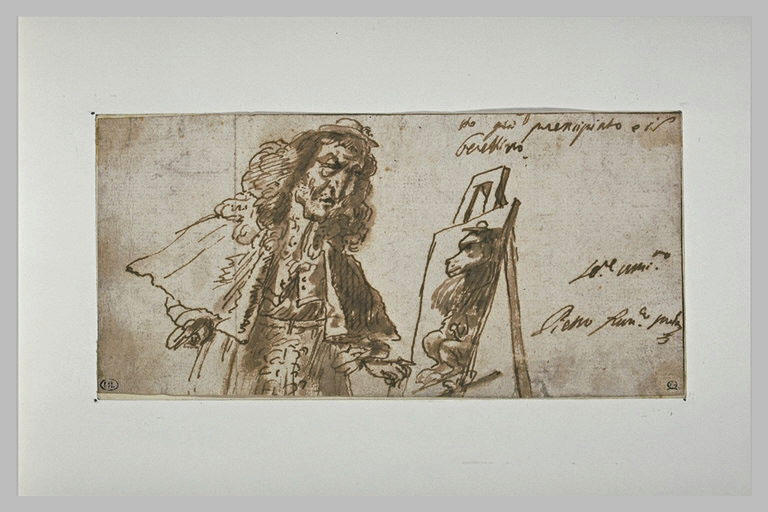 Caricature : gentilhomme regardant une toile représentant un singe