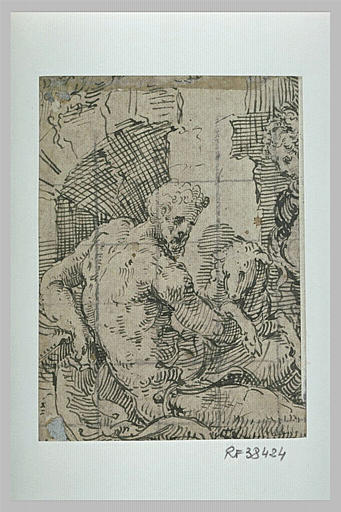 Homme nu, assis, tenant un mouton et femme debout