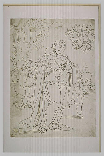 Vierge debout, tenant l'Enfant Jésus, entourée d'angelots