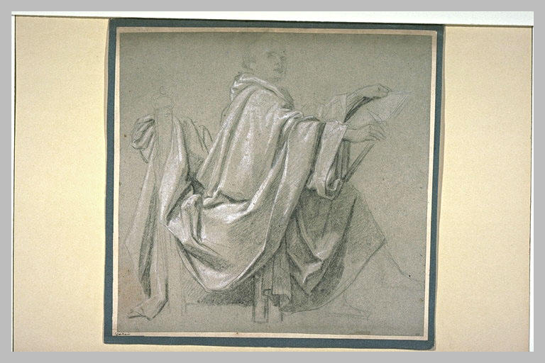 Homme drapé, assis, tenant une tablette, de profil vers la droite