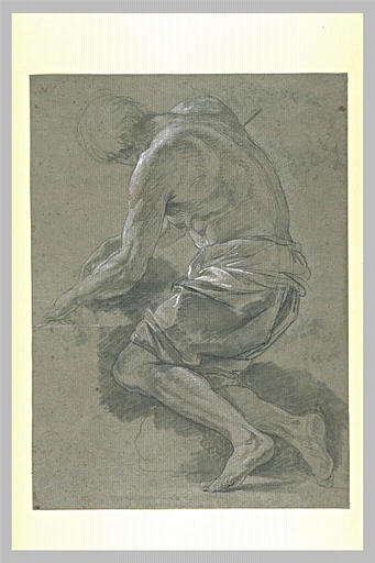 Homme agenouillé vers la gauche, torse et jambes nues