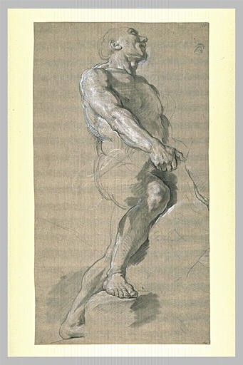 Homme nu, tourné vers la droite, le pied droit sur un rocher