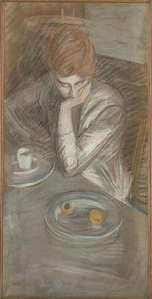 FEMME ASSISE ACCOUDEE A UNE TABLE