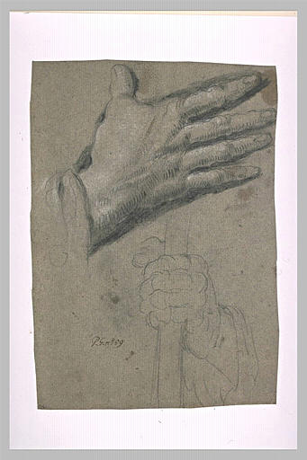 Main droite posée, et main gauche tenant un bâton