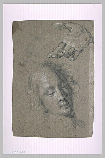 Main droite ouverte, paume vers le haut, tendue, et tête de femme
