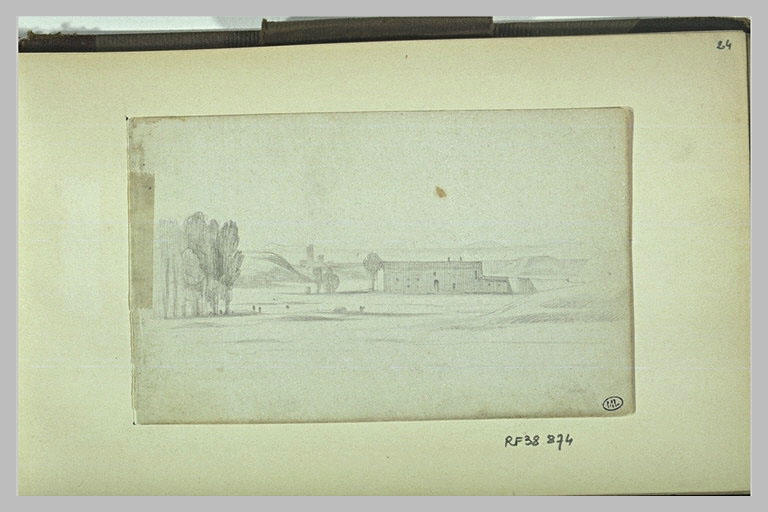 Ferme fortifiée dans la plaine, avec bouquet d'arbres à gauche