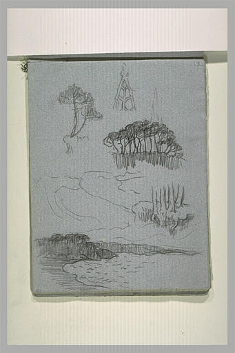 Croquis de pins au bord de l'eau, et vue d'une baie