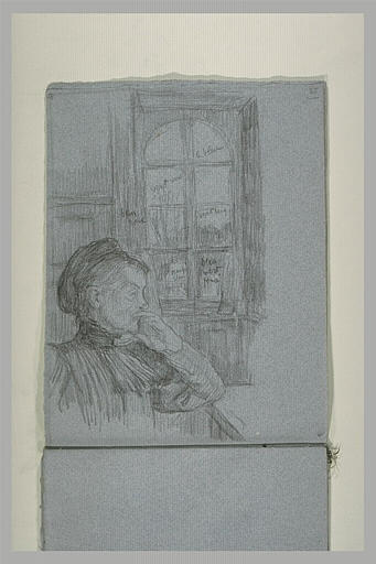 Femme en buste, de profil à droite, devant une fenêtre