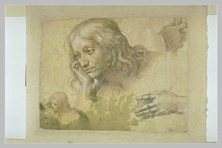 Buste d'homme appuyé sur une main, reprise de la même figure, et mains