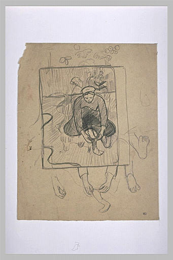 Bretonne assise dans un paysage, dans un cadre ; reprise des pieds et mains